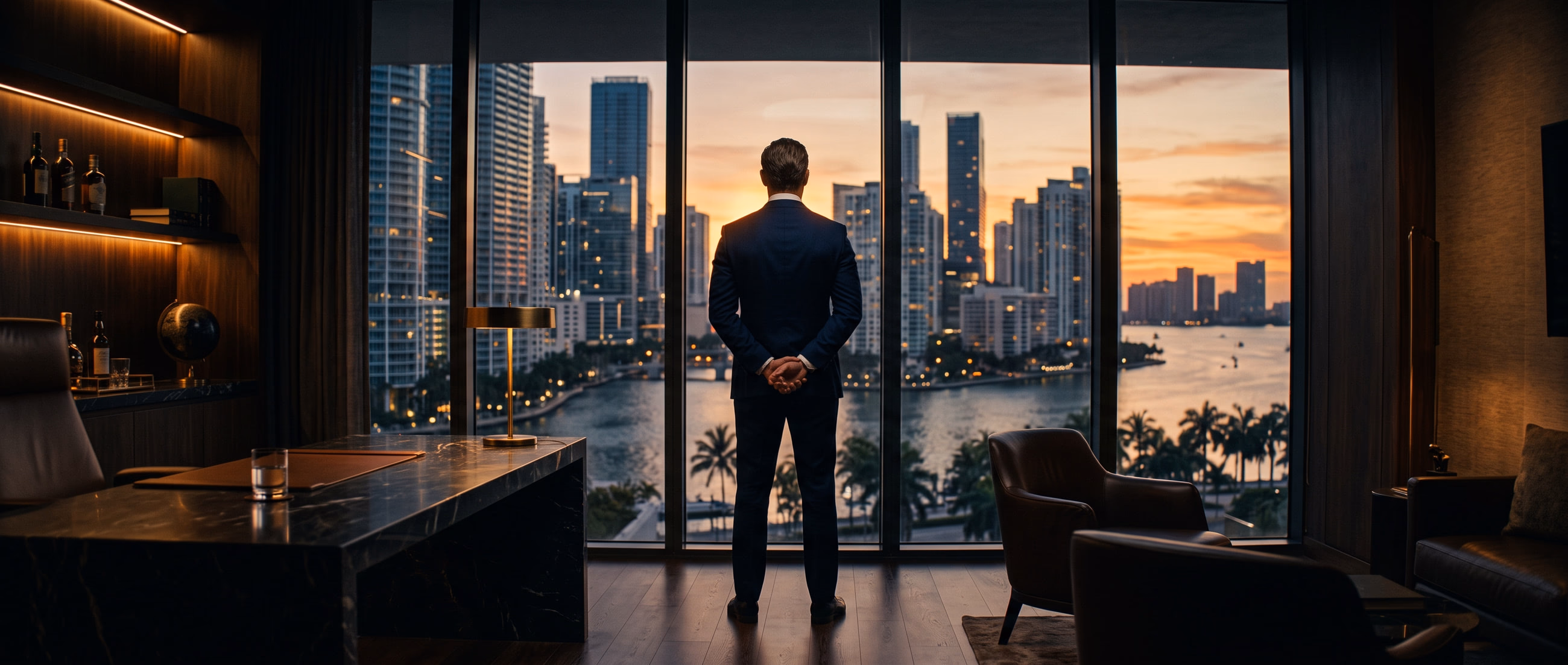 Asesor patrimonial observando el skyline de Brickell, Miami, desde una oficina privada al atardecer